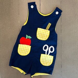 Vintage Chocolate Soup Toddler Yellow + Blue Embroidered School Romper • Size 5T